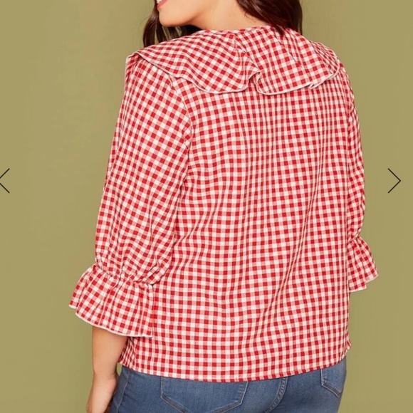 NEW SHEIN Plus Red Ruffle Trim Plaid Top 1XL - Picture 3 of 7